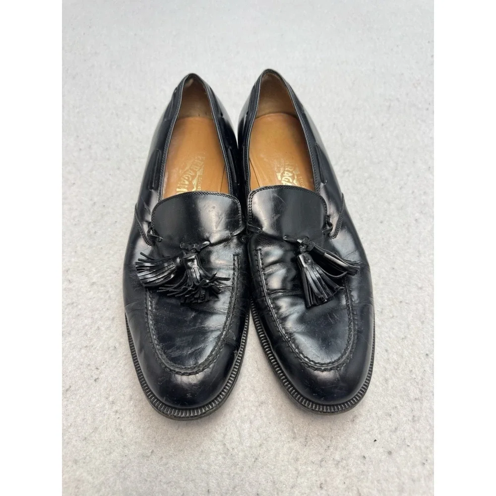 Salvatore Ferragamo Men's Tessel Black  Leather Loafers Moccasins Sz 10.5